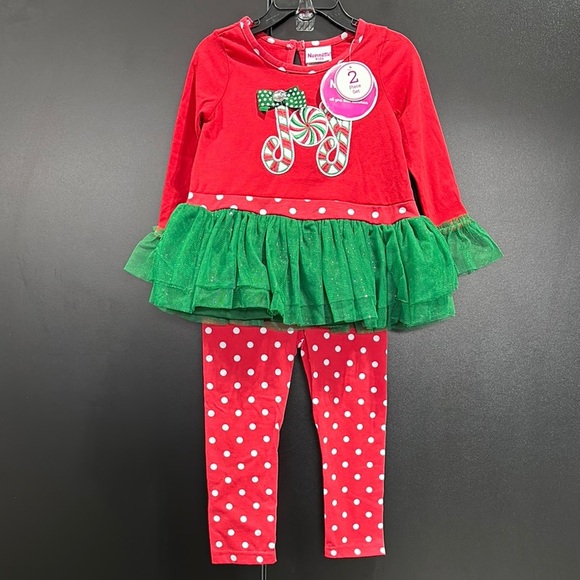 Nanette 2pc.JOY embroidered candy canes,peplum ruffle waist top,stretch leggings - Picture 1 of 4